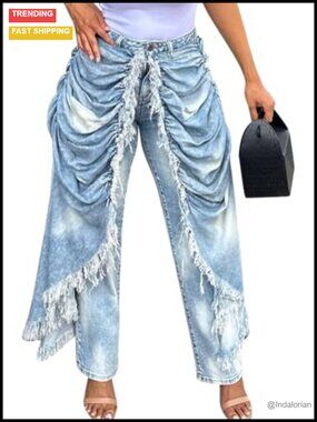 High Waisted Baggy Jeans Ruched Fringe Straight Leg Denim Pants